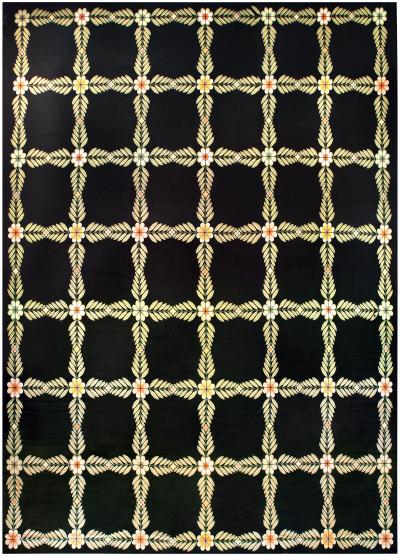 Antique Portuguese Botanic Black Yellow Needlework Rug