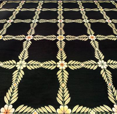 Antique Portuguese Botanic Black Yellow Needlework Rug