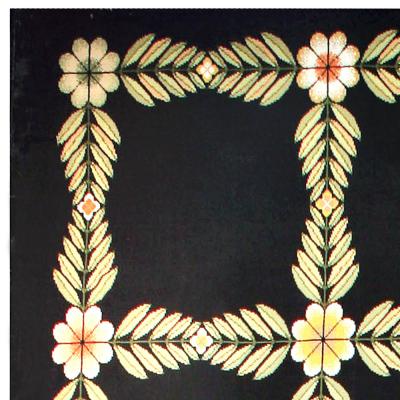 Antique Portuguese Botanic Black Yellow Needlework Rug