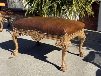 Antique Portuguese Picked Bench Leather Ottoman