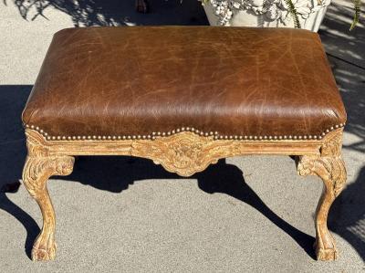Antique Portuguese Picked Bench Leather Ottoman