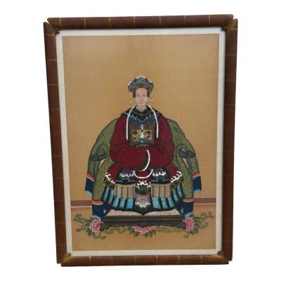 Antique Qing Dynasty Chinese Female Ancestor Portrait Painting