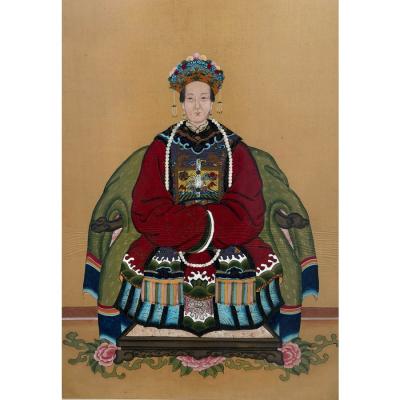 Antique Qing Dynasty Chinese Female Ancestor Portrait Painting
