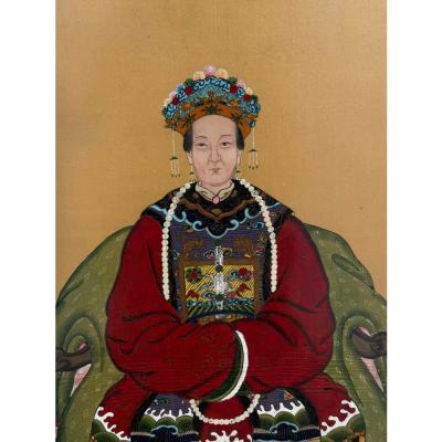 Antique Qing Dynasty Chinese Female Ancestor Portrait Painting