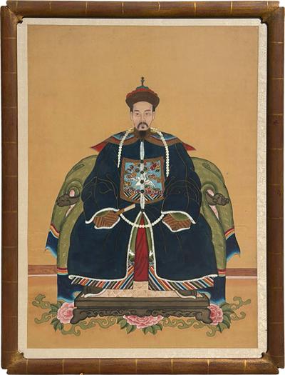 Antique Qing Dynasty Chinese Male Ancestor Portrait Painting