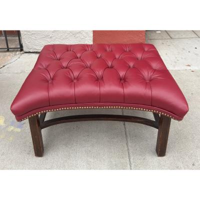 Antique Queen Anne Red Tufted Leather Wingback Chair Ottoman