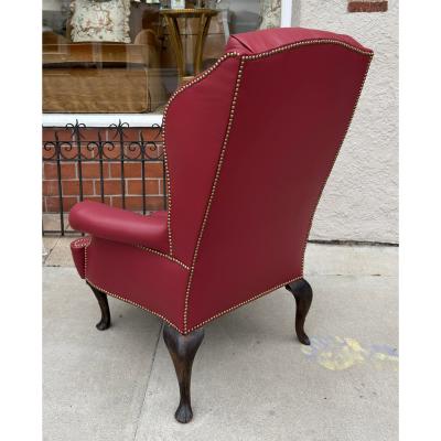 Antique Queen Anne Red Tufted Leather Wingback Chair Ottoman