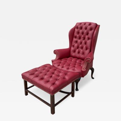 Antique Queen Anne Red Tufted Leather Wingback Chair Ottoman
