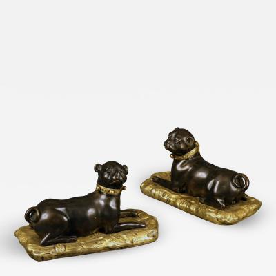 Antique Rare Pair of Sculptural Continental Bronze and Ormolu Pugs 18th Century