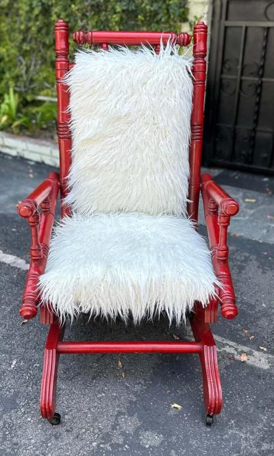 Antique Red Spindle Rocker W White Flokati Seat