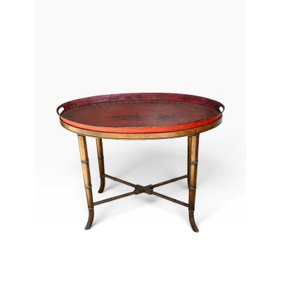Antique Red Tole Tray Side Table on Mahogany Fan Bamboo Stand