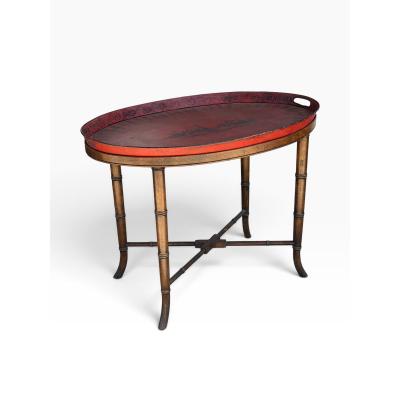 Antique Red Tole Tray Side Table on Mahogany Fan Bamboo Stand