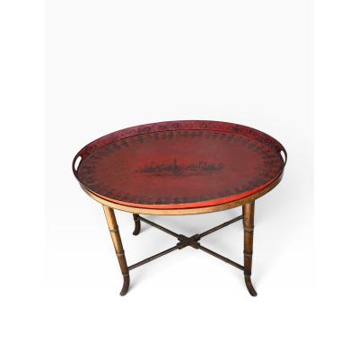 Antique Red Tole Tray Side Table on Mahogany Fan Bamboo Stand