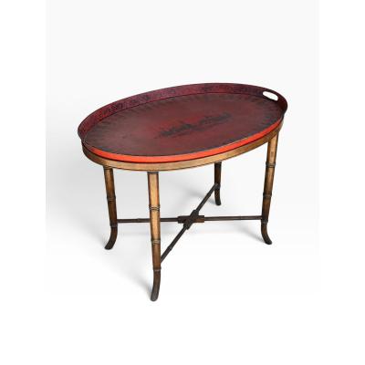 Antique Red Tole Tray Side Table on Mahogany Fan Bamboo Stand