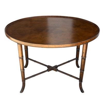 Antique Red Tole Tray Side Table on Mahogany Fan Bamboo Stand
