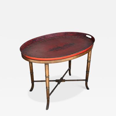 Antique Red Tole Tray Side Table on Mahogany Fan Bamboo Stand