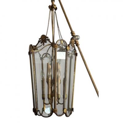 Antique Regency Bronze Glass Light Fixture Pendant Lantern Chandelier