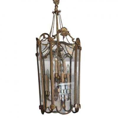 Antique Regency Bronze Glass Light Fixture Pendant Lantern Chandelier