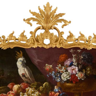 Antique Rococo Style Giltwood Trumeau Mirror with Still Life Panel