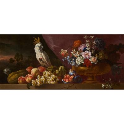 Antique Rococo Style Giltwood Trumeau Mirror with Still Life Panel