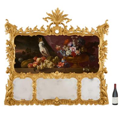 Antique Rococo Style Giltwood Trumeau Mirror with Still Life Panel