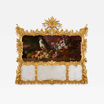 Antique Rococo Style Giltwood Trumeau Mirror with Still Life Panel