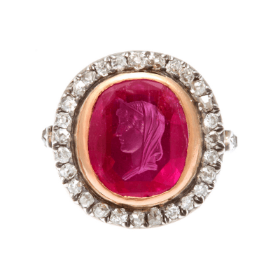 Antique Ruby Cameo of Roman Lady Diamond Ring