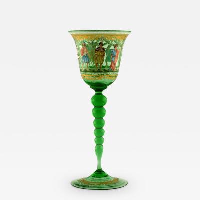 Antique Salviati Venetian Hand Painted Green Wine Glass with Mythology Scene