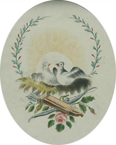 Antique School Girl Genre Watercolor Painting of Doves Quiver