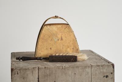 Antique Set of Dustpan and Brush in Patinated Brass and Wood 19th Century