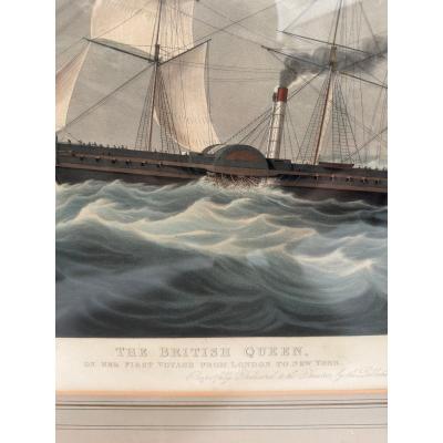 Antique Ship Print the British Queen First Voyage From London to New York