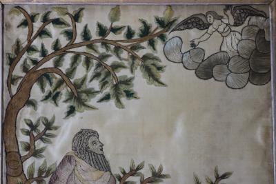Antique Silkwork Embroidery Abraham offering up his Son Isaac