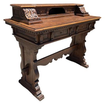 Antique Spanish Colonial Carved Walnut House Trestle Writing Desk