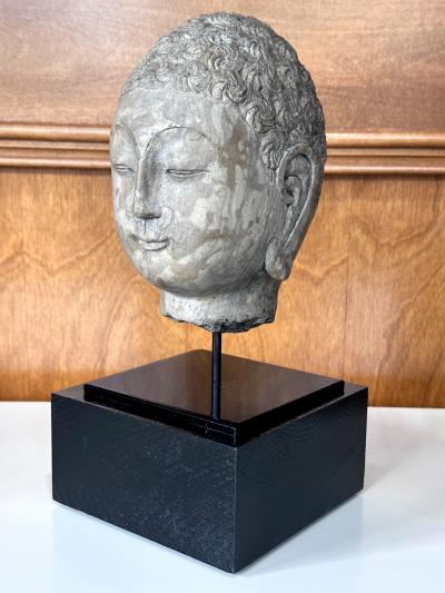 Antique Stone Buddha Head Chinese Qi Dynasty on Custom Stand