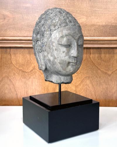 Antique Stone Buddha Head Chinese Qi Dynasty on Custom Stand