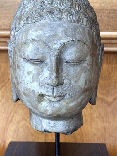 Antique Stone Buddha Head Chinese Qi Dynasty on Custom Stand