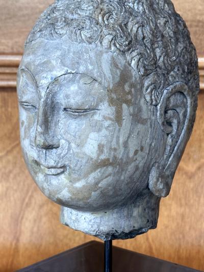Antique Stone Buddha Head Chinese Qi Dynasty on Custom Stand