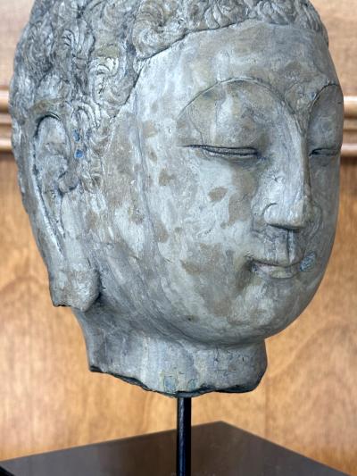 Antique Stone Buddha Head Chinese Qi Dynasty on Custom Stand