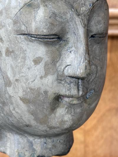 Antique Stone Buddha Head Chinese Qi Dynasty on Custom Stand