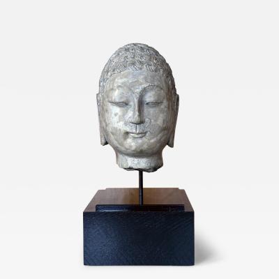 Antique Stone Buddha Head Chinese Qi Dynasty on Custom Stand