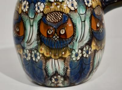 Antique Swiss Arts Crafts Brown Green Blue White Thoune Enamel Ceramic Jug