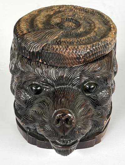 Antique Swiss Black Forest Carved Wood Bear Head Lidded Tobacco Box
