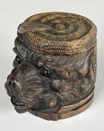 Antique Swiss Black Forest Carved Wood Bear Head Lidded Tobacco Box