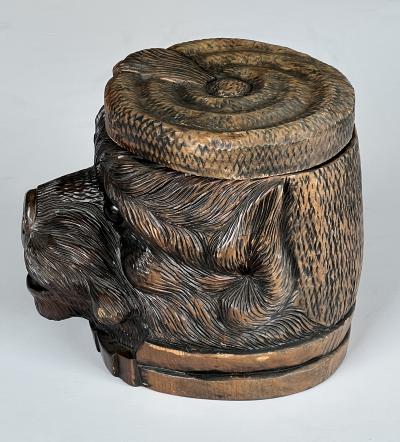 Antique Swiss Black Forest Carved Wood Bear Head Lidded Tobacco Box