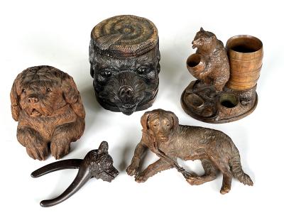 Antique Swiss Black Forest Carved Wood Bear Head Lidded Tobacco Box