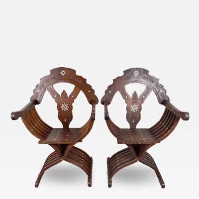 Antique Syrian Savonarola Curule Mother of Pearl Inlay Throne Armchair a Pair