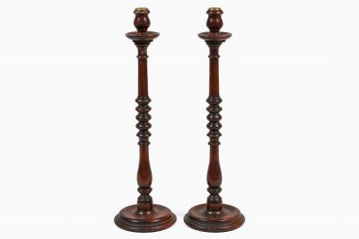 Antique Tall Mahogany Turned and Carved Candlesticks a Pair