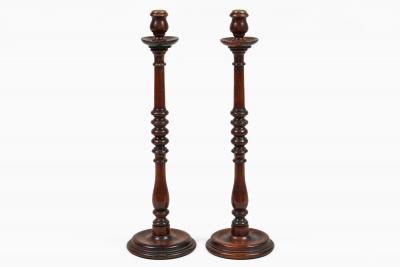 Antique Tall Mahogany Turned and Carved Candlesticks a Pair