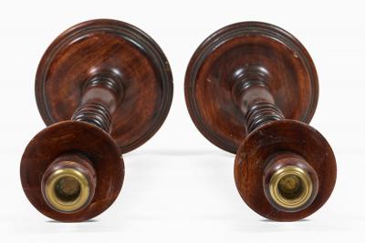 Antique Tall Mahogany Turned and Carved Candlesticks a Pair