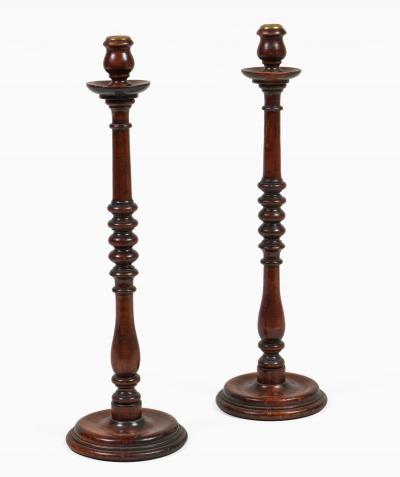 Antique Tall Mahogany Turned and Carved Candlesticks a Pair